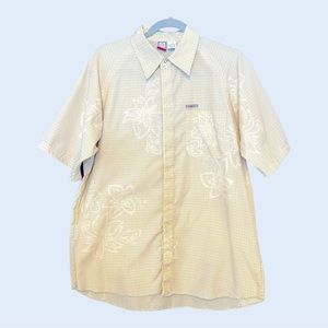Vintage OP Yellow Polyester Plaid Short Sleeve Shirt  with Floral imprint Mens M
